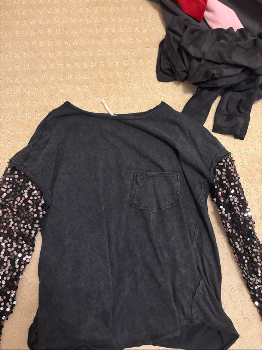 Free People Washed Black Top with Sequin Long Sleeves